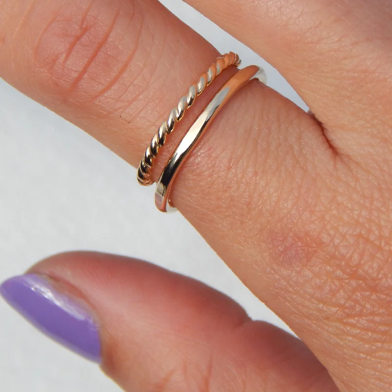 rings with birthstones-14k Gold Fill Twisted Band and Flat Hammered Stacking Ring Set