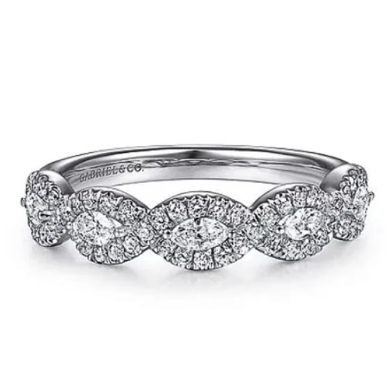 men’s wedding rings with engraving-14K White Gold Diamond Marquise Halo Station Band by Gabriel