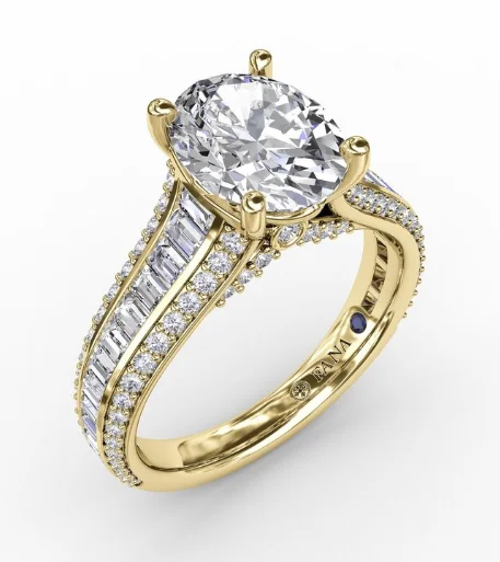 large gold rings for men-14K Yellow Gold 1.07cttw VS FG Oval Diamond Semi-Mount with Baguettes & Pave Diamonds by Fana