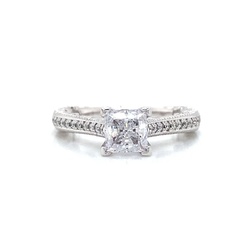 solitaire diamond rings-Verragio Pave Milgrain Engagement Ring in 18K White Gold