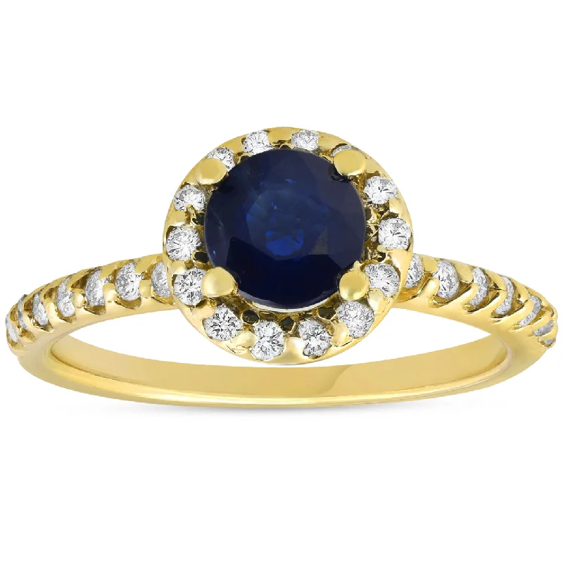 silver engagement rings for men-1ct Blue Sapphire & Diamond Halo Engagement Ring 14K Yellow Gold