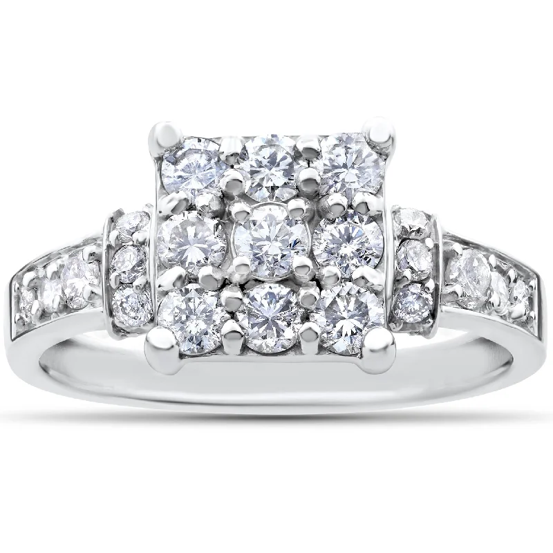 classic wedding rings for men-1ct Diamond Cluster Halo Engagement Ring 14k White Gold