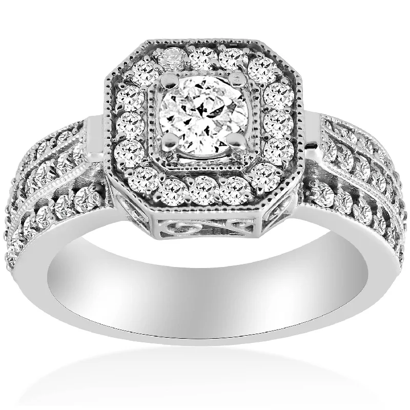 women’s custom promise rings-1ct Vintage Diamond Engagement Ring 14K White Gold Halo Round Cut