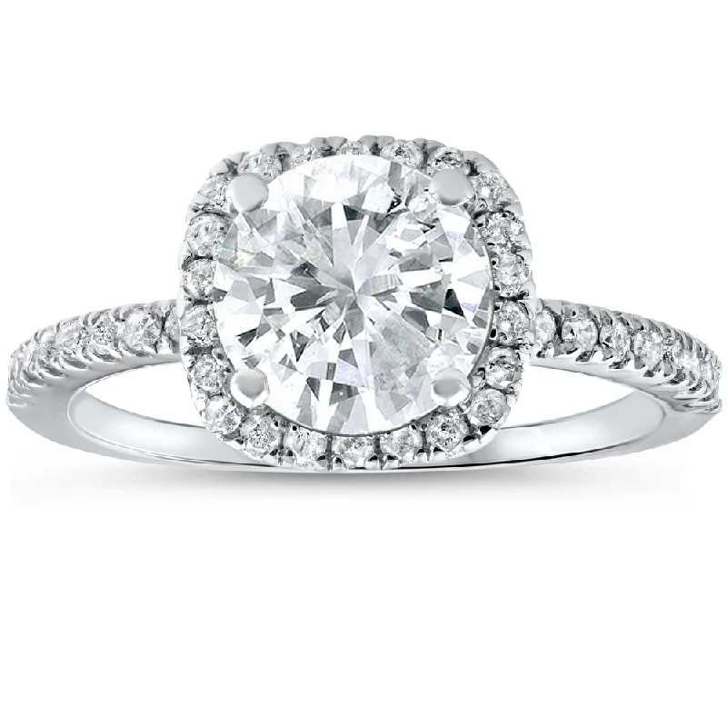 women’s platinum diamond rings-2 1/2 cttw Diamond Engagement Ring Cushion Halo Round Cut 14k White Gold