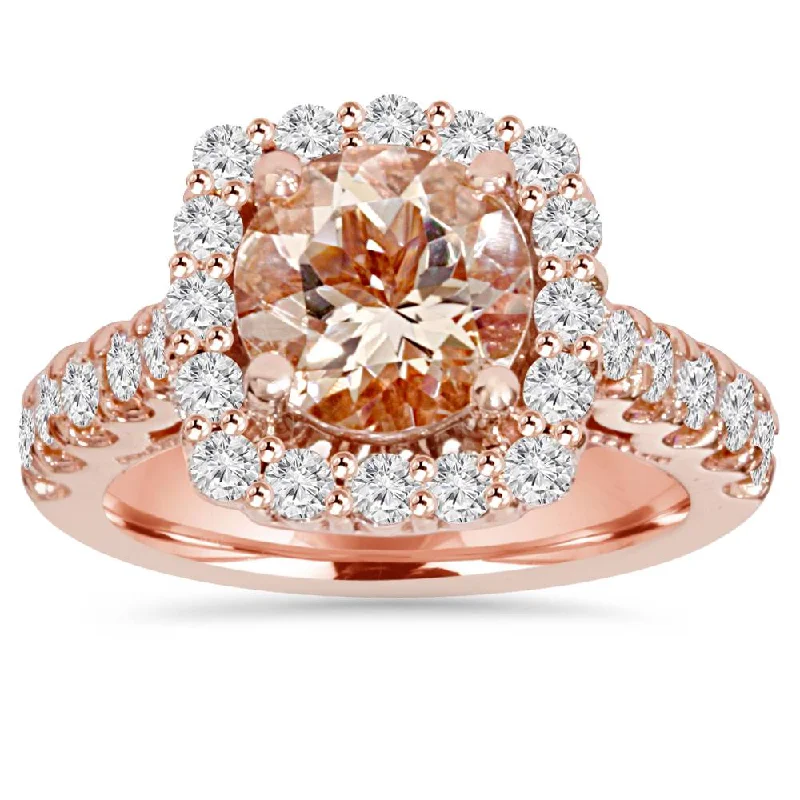 men’s platinum wedding bands-2 1/2CT Morganite & Diamond Cushion Halo Engagement Ring 14K Rose Gold