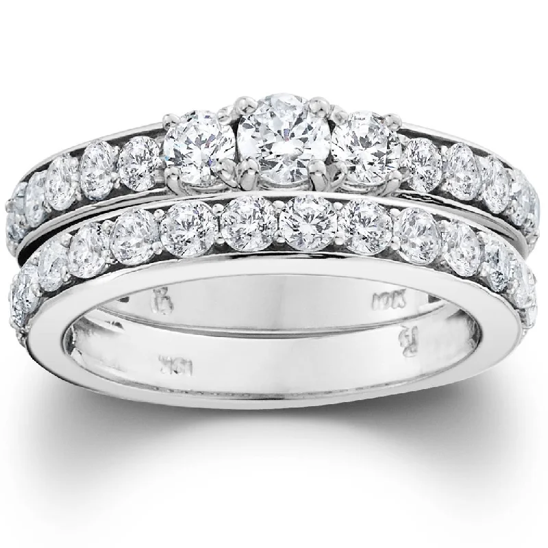 affordable wedding bands for men-2 1/6ct 3-Stone Diamond Engagement Wedding Ring Set 10K White Gold