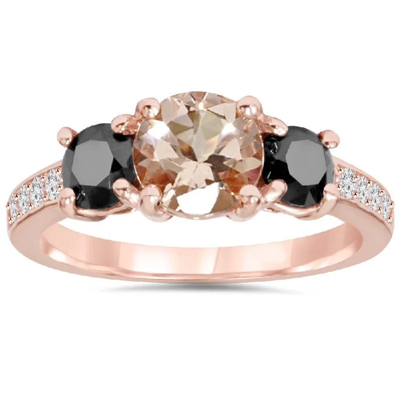 black diamond rings-2.10Ct Morganite & Black Diamond Engagement 3-Stone Ring 14K Rose Gold