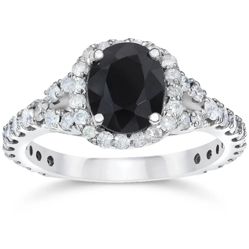 custom wedding rings with gemstones-2 ct Black Sapphire & Diamond Cushion Halo Engagement Ring 14K White Gold