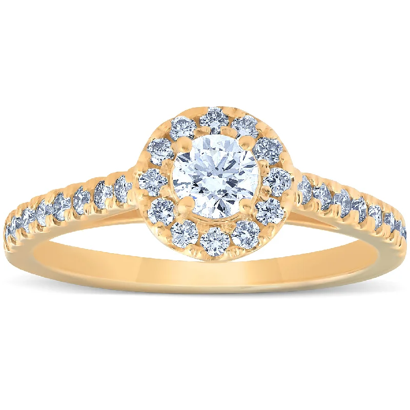 silver engagement rings for women-3/4 Ct Halo Round EX3 Lab Grown Diamond Engagement Halo Ring 10k Yellow Gold