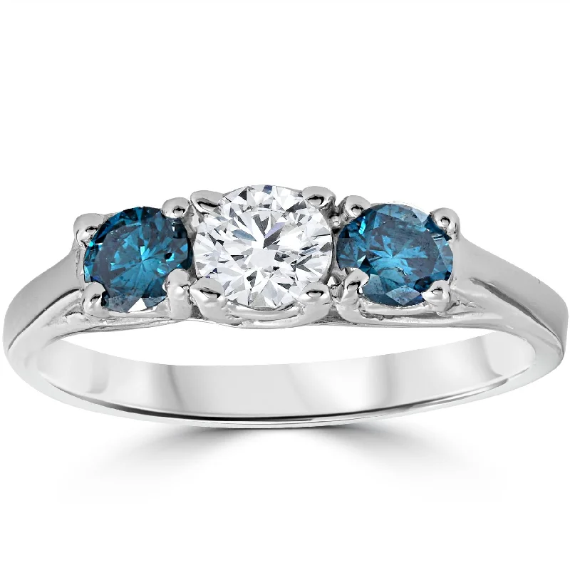 stackable gold rings for women-3/4ct 3 Stone Blue & White Diamond Trellis Engagement Ring 14K White Gold