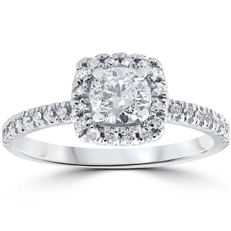 modern gold engagement rings-3/4ct Cushion Halo Diamond Engagement Ring 14K White Gold