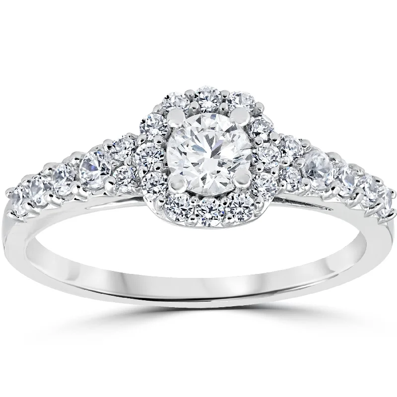 luxury engagement rings-3/4CT Cushion Halo Round Diamond Engagement Ring 14K White Gold