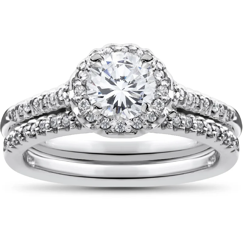 custom diamond engagement rings-3/4ct Diamond Halo Wedding Engagement Ring Set 10K White Gold