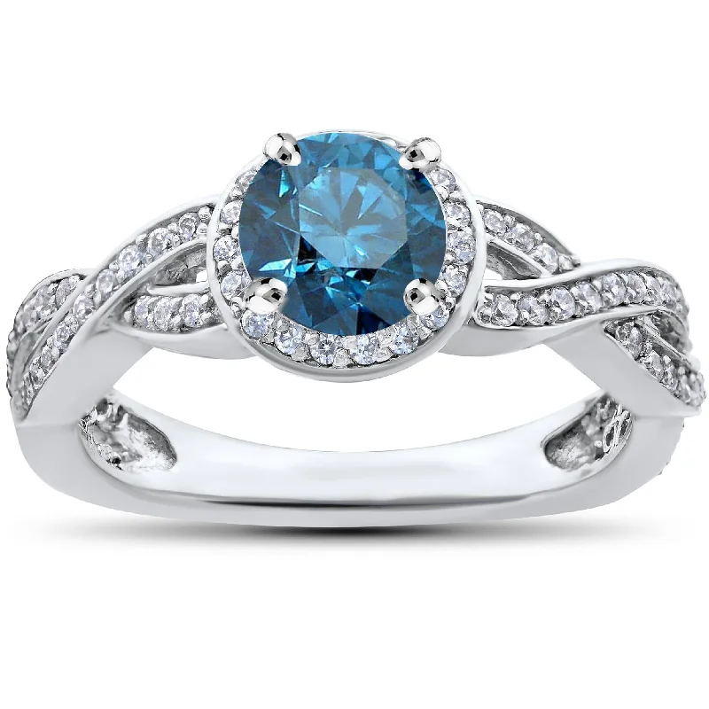 men’s wedding rings in silver-3/4ct Pave Halo Blue Diamond Engagement Ring 14K White Gold