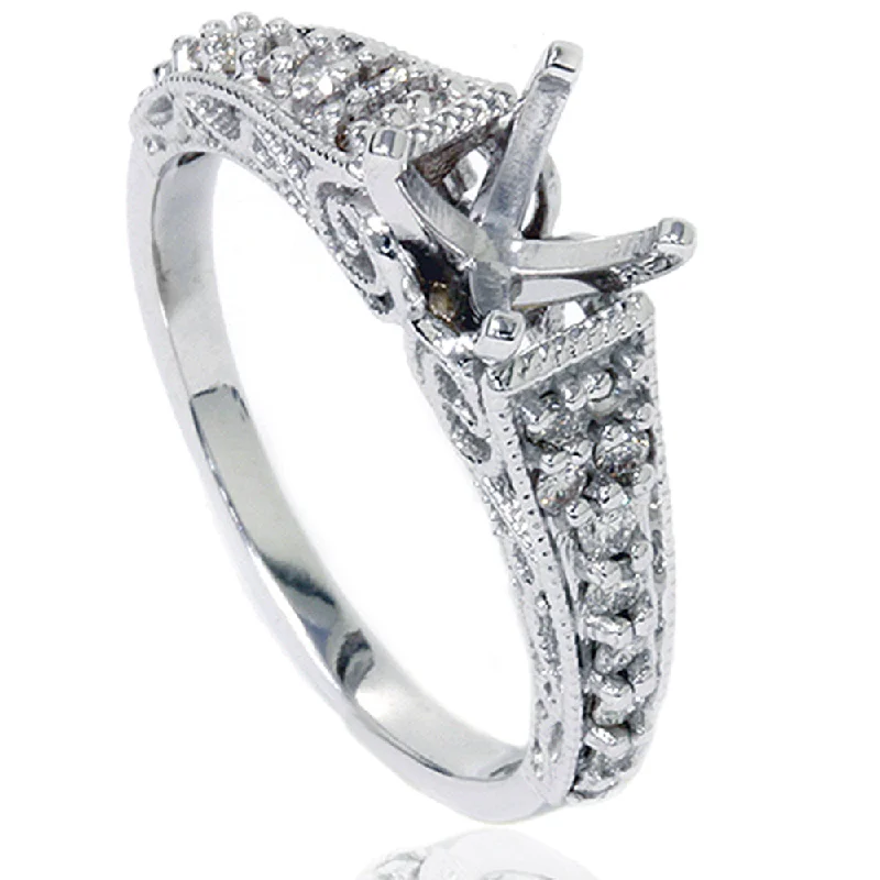 gold anniversary rings-3/8ct Vintage Diamond Engagement Ring Mount 14K White Gold