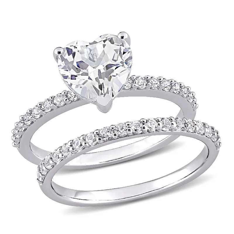 unique diamond wedding bands-3 CT TGW Heart Cut Created White Sapphire Engagement Ring and Matching Eternity Ring 2pc Set in 10K White Gold