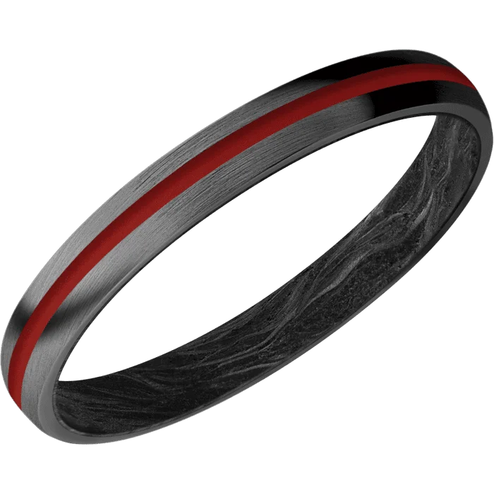 men’s titanium wedding bands-3mm wide Domed Black Zirconium Ring with Satin Finish / One 1mm Centered USMC Red Cerakote Inlay / Forged Carbon Fiber Sleeve