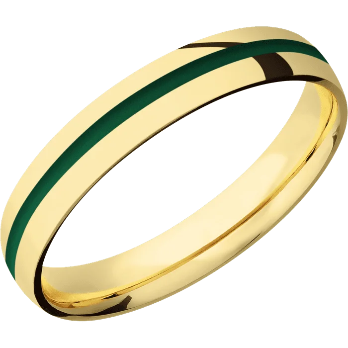 infinity rings for couples-4mm wide Domed 10k Yellow Gold Ring with Polish Finish / One 1mm Centered Green Cerakote Inlay