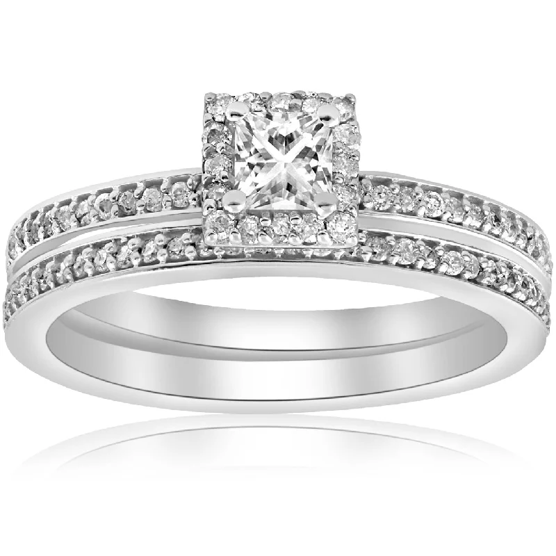 wedding rings for men with rubies-5/8Ct Princess Cut Diamond Engagement Matching Wedding Halo Ring Set White Gold