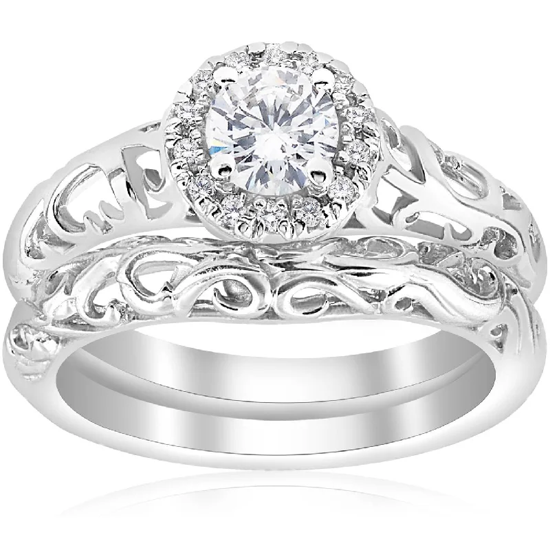 wedding rings with sapphires for women-5/8ct Round Diamond Vintage Engagement Wedding Ring Set 14K White Gold