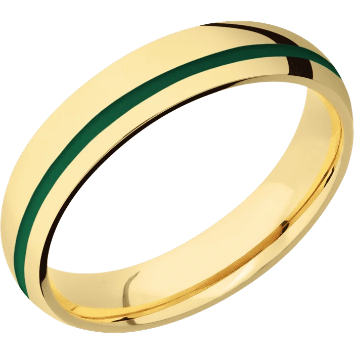 platinum engagement rings-5mm wide Domed 10k Yellow Gold Ring with Polish Finish / One 1mm Off Center Green Cerakote Inlay