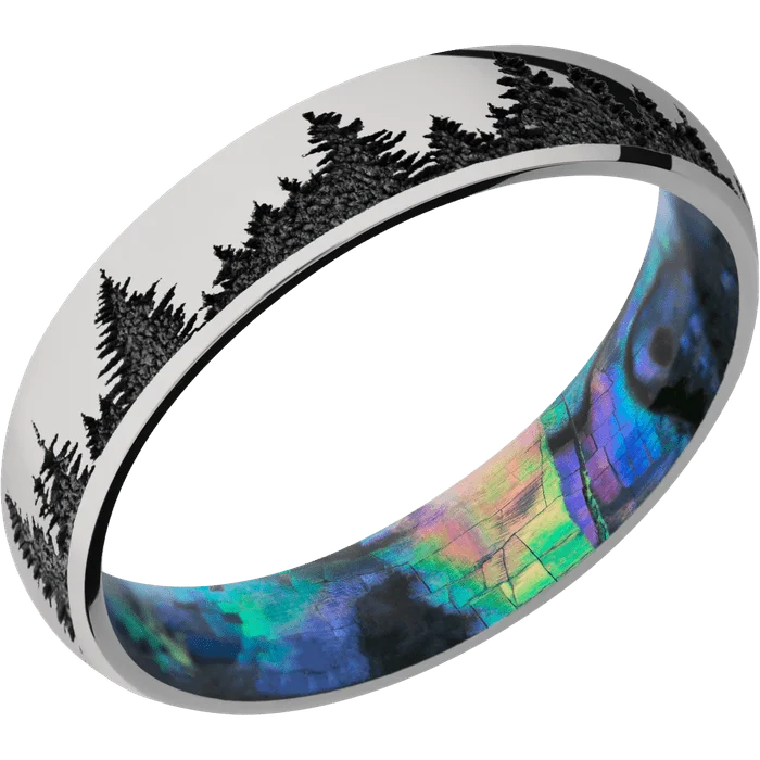 men's silver wedding rings-5mm wide Domed Titanium Ring with Polish Finish / Trees Design / Abalone Sleeve