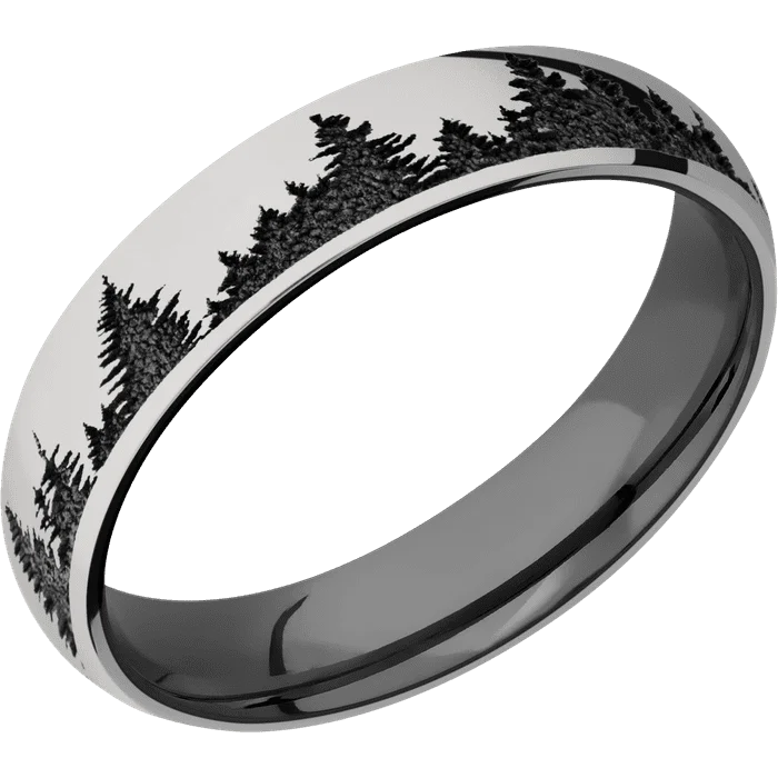 simple engagement rings-5mm wide Domed Titanium Ring with Polish Finish / Trees Design / Black Titanium Sleeve