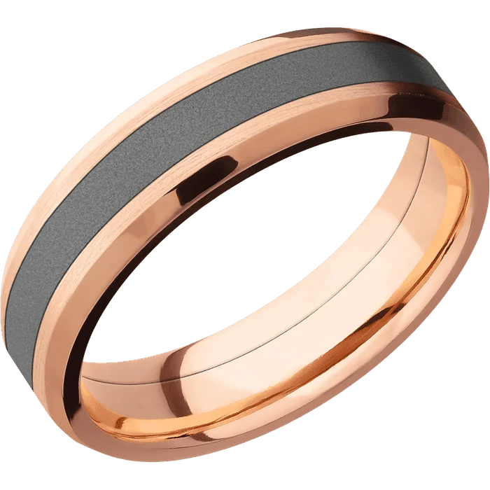 men's gold engagement rings-6mm wide Beveled 18k Rose Gold Ring with Satin Finish / One 3mm Centered Darkened Tantalum Inlay with Sand Blast Finish