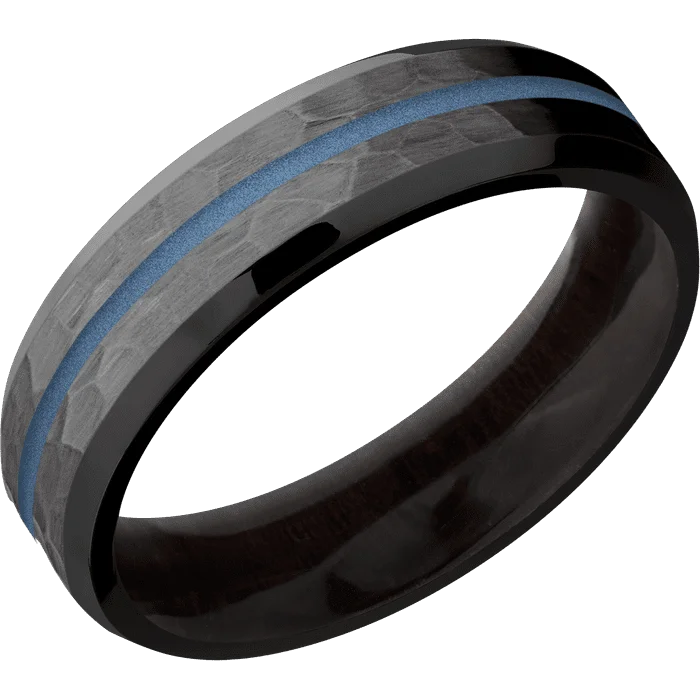 wedding bands with sapphires-6mm wide Beveled Black Titanium Ring with Hammer Finish / One 1mm Centered Polar Blue Cerakote Inlay / Madagascar Rose Wood Sleeve