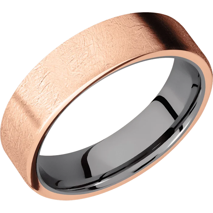 black diamond rings-6mm wide Flat 18k Rose Gold Ring with Distressed Finish / Tantalum Sleeve