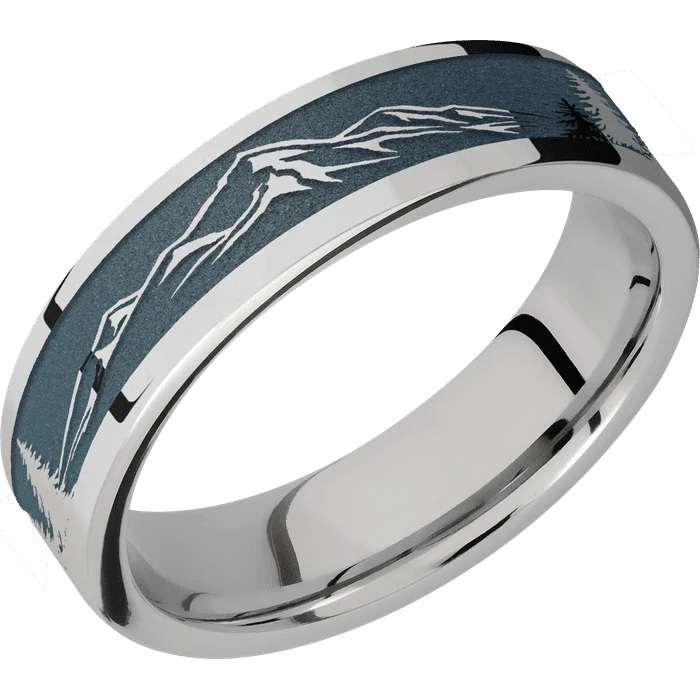 rose gold rings for men-6mm wide Flat Titanium Ring with Polish Finish / Mountain 2 Design and Northern Lights Cerakote Accents