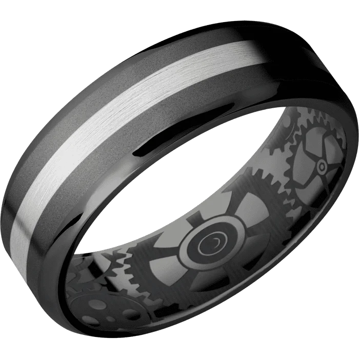 women’s gemstone wedding rings-7mm wide Beveled Black Zirconium Ring with Bead Blast Finish / One 2mm Centered Palladium Silver Inlay with Satin Finish / None Interior Pattern