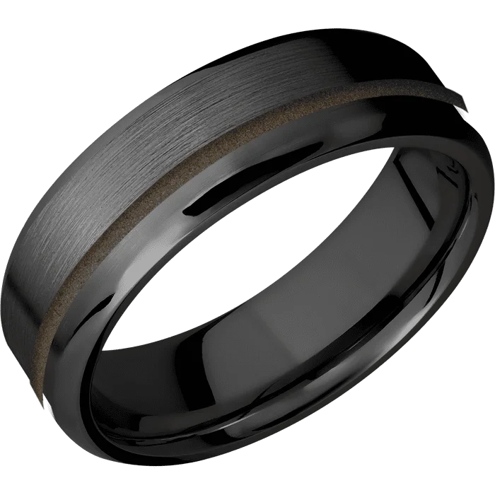 unique diamond wedding bands-7mm wide Beveled Black Zirconium Ring with Satin Finish / One 1mm Off Center Burnt Bronze Cerakote Inlay