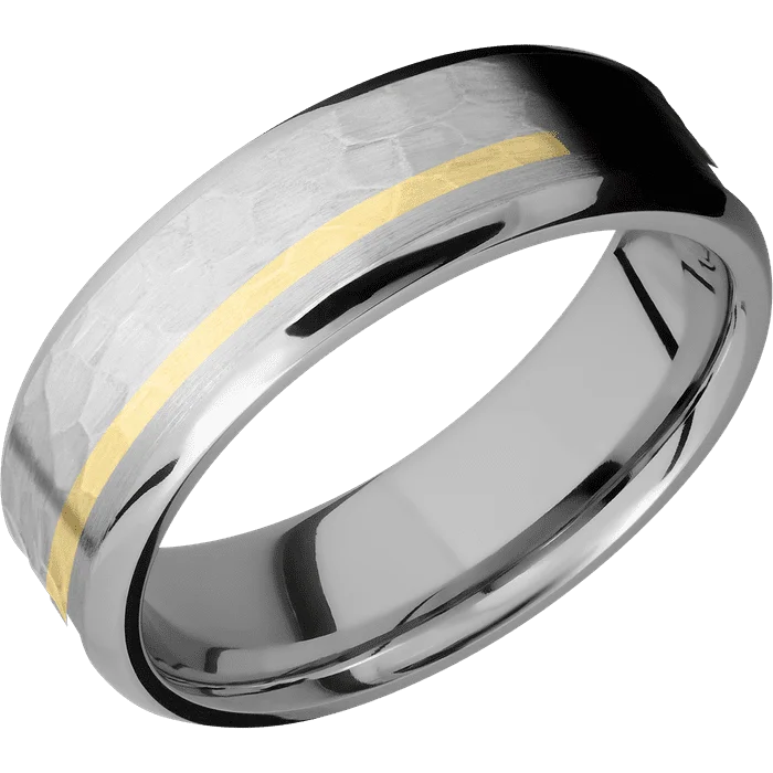 men’s engraved rings-7mm wide Beveled Titanium Ring with Hammer Finish / One 1mm Off Center 18k Yellow Gold Inlay with Hammer Finish