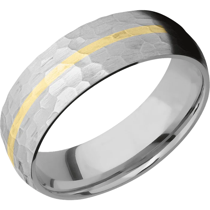 women's gold diamond rings-7mm wide Domed Titanium Ring with Hammer Finish / One 1mm Centered 18k Yellow Gold Inlay with Hammer Finish