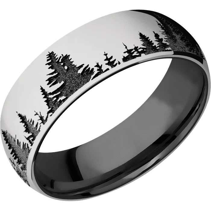 statement rings for women-7mm wide Domed Titanium Ring with Polish Finish / Trees Design / Black Titanium Sleeve