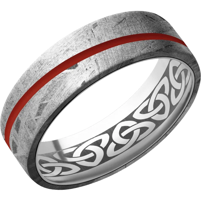 elegant rings for women-7mm wide Flat Meteorite Ring / One 1mm Angled Red Apple Cerakote Inlay / Titanium Sleeve / None Interior Pattern