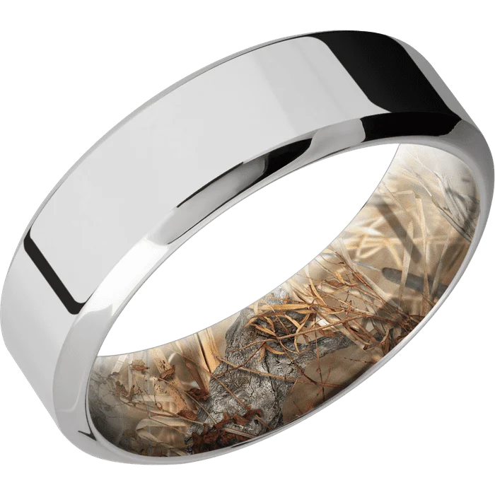 men’s platinum wedding bands-7mm wide High Bevel 10k White Gold Ring with Polish Finish / Kings Field Camo Sleeve