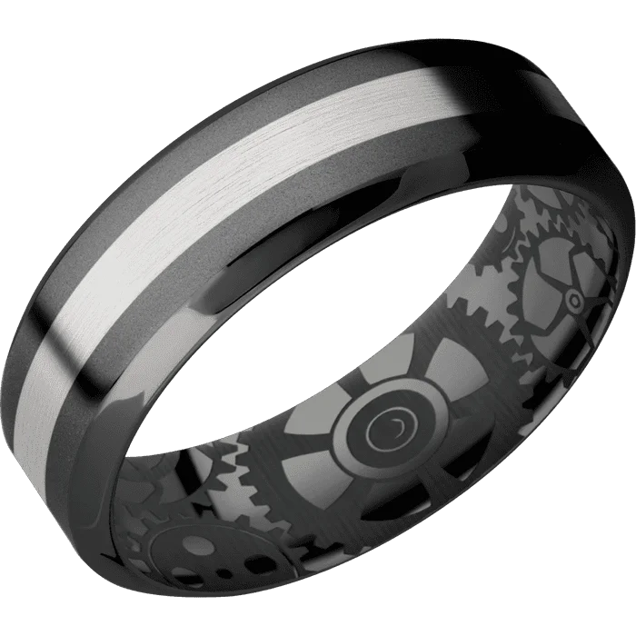 wedding rings for men with diamonds-7mm wide High Bevel Black Zirconium Ring with Bead Blast Finish / One 2mm Centered Palladium Silver Inlay with Satin Finish / None Interior Pattern