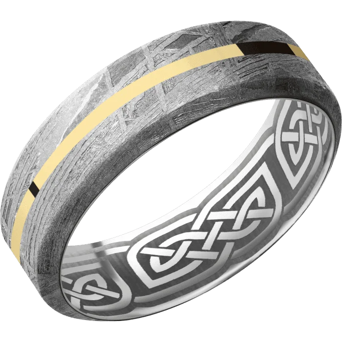 custom made wedding rings-7mm wide High Bevel Meteorite Ring / One 1mm Centered 14k Yellow Gold Inlay with Polish Finish / Titanium Sleeve / None Interior Pattern