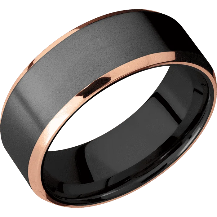 wedding rings with rubies-8mm wide Beveled Black Titanium Ring with Bead Blast Finish / Two 1mm Edge 14k Rose Gold Inlay with Polish Finish