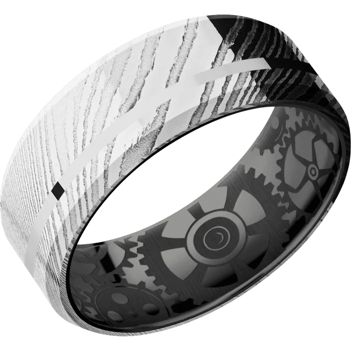 women’s diamond rings-8mm wide Beveled Damascus Steel Ring with Polish Damascus Finish / One 1mm Off Center Platinum Inlay with Polish Finish / Black Titanium Sleeve / None Interior Pattern