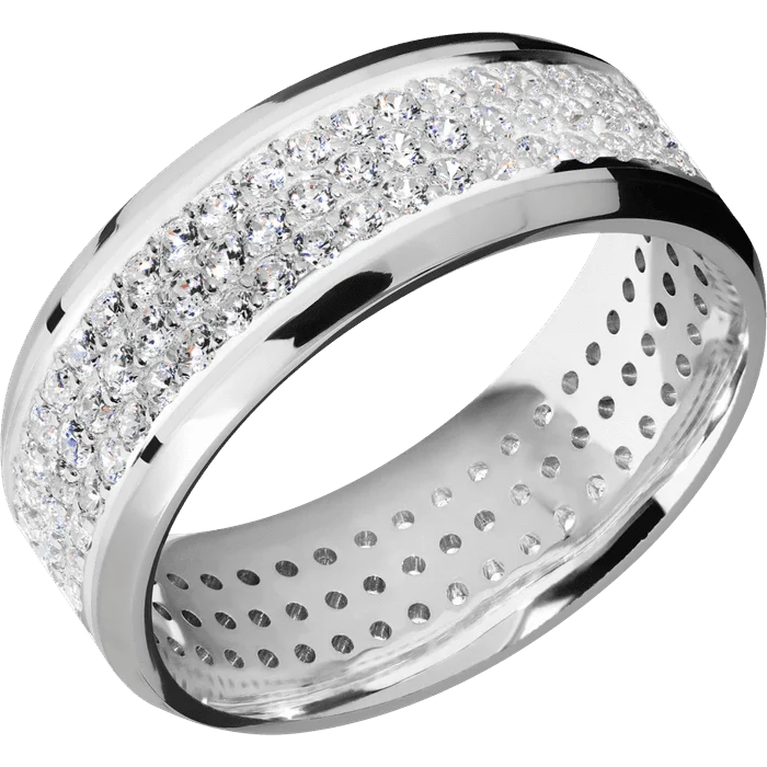 modern engagement rings-8mm wide Beveled Platinum Ring with Polish Finish / 3 Row Eternity Round .015 carat Diamond Bead Channel-Set Gemstones