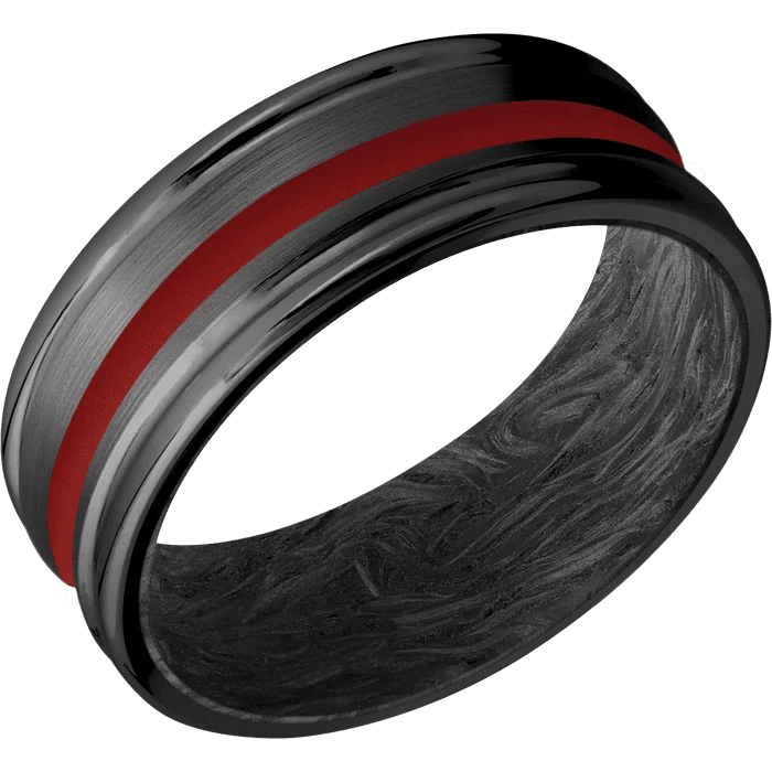 minimalist engagement rings-8mm wide Concave Center Round Edges Black Zirconium Ring with Satin Finish / One 2mm Centered USMC Red Cerakote Inlay / Forged Carbon Fiber Sleeve