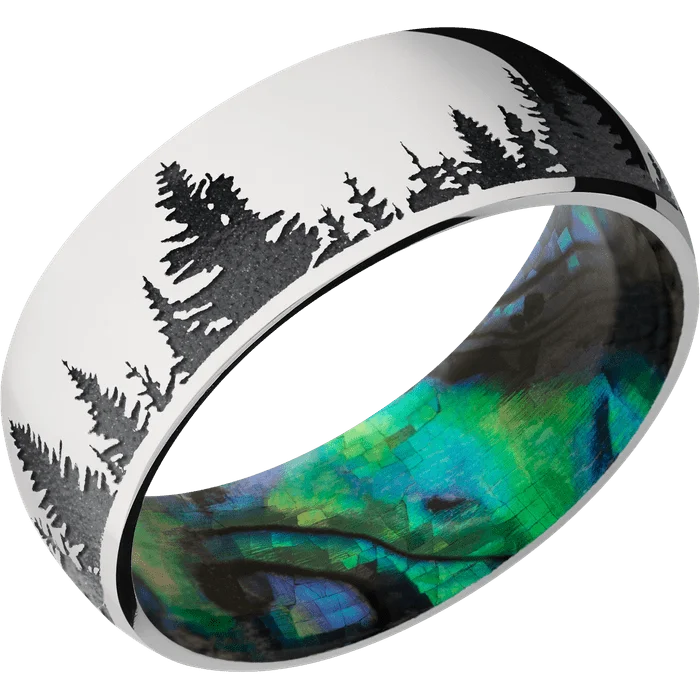 stackable rings for men-8mm wide Domed 14k White Gold Ring with Polish Finish / Trees Design and Dark Grey Cerakote Accents / Abalone Sleeve