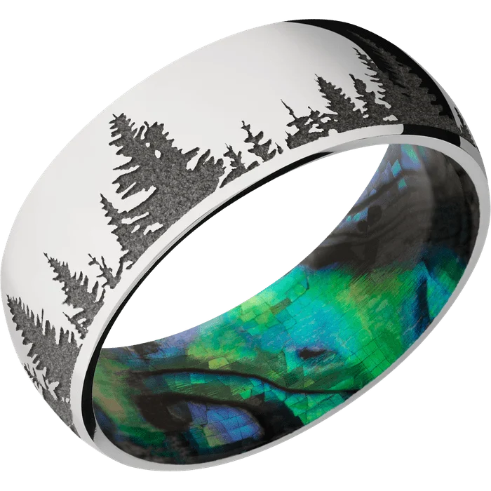 women’s wedding bands in gold-8mm wide Domed 14k White Gold Ring with Polish Finish / Trees Design and Gun Metal Grey Cerakote Accents / Abalone Sleeve