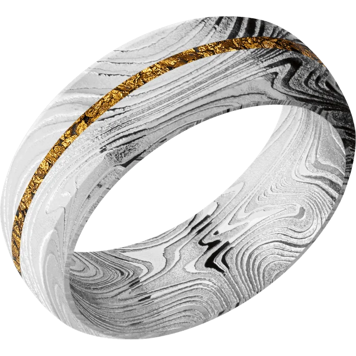 men’s rings with diamonds-8mm wide Domed Bevel Marble Damascus Steel Ring with Polish Kuro Damascus Finish / One 1mm Centered 24k Raw Gold Nugget Inlay