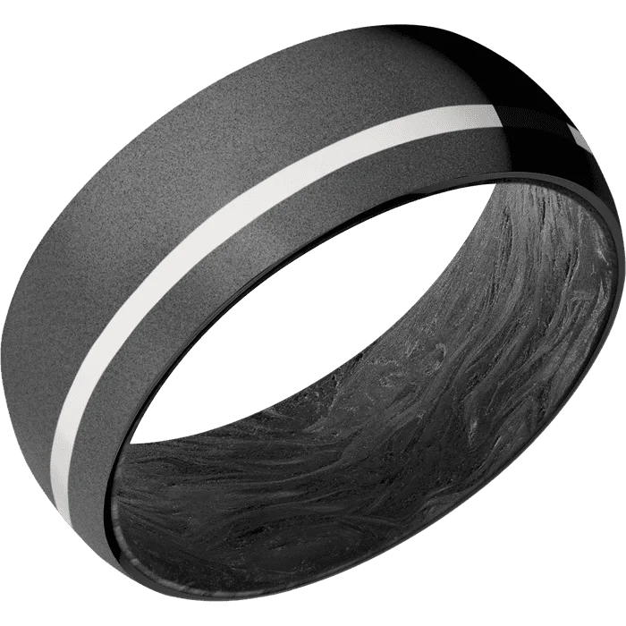 women’s wedding bands with diamonds-8mm wide Domed Black Titanium Ring with Bead Blast Finish / One 1mm Off Center Platinum Inlay with Polish Finish / Forged Carbon Fiber Sleeve