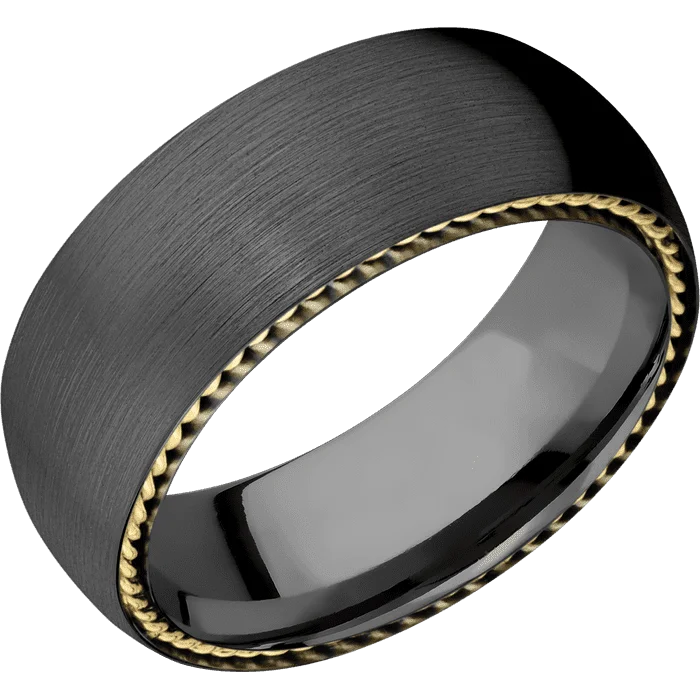 diamond anniversary rings-8mm wide Domed Black Titanium Ring with Satin Finish / Two 1mm Sidebraid 14k Yellow Gold Inlay with Polish Finish