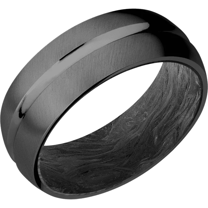 custom signet rings-8mm wide Domed Center Concave Black Zirconium Ring with Angle Satin Finish / Forged Carbon Fiber Sleeve